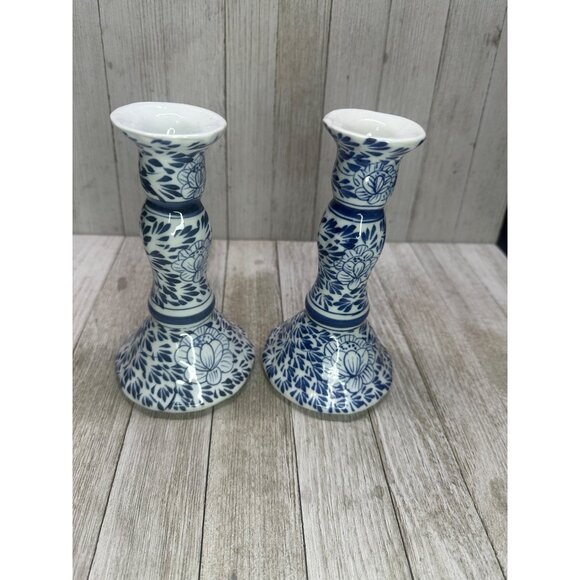 Vintage Blue and White Candlestick Holders Ceramic Floral 6.5' Tall - Set of 2 - Picture 2 of 8